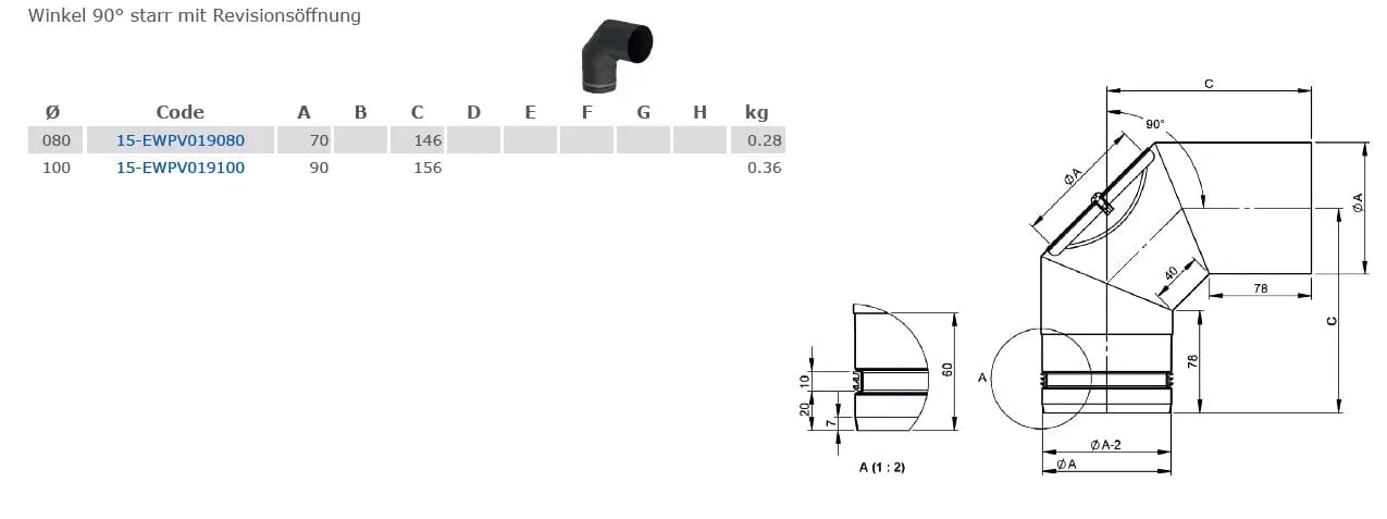 OfenrohrBogen 90° starr mit Revisionsöffnung, Ø 80mm - Premium Ofenrohr von Jeremias - Kaufen Sie jetzt bei Mein Schornsteinprofi
