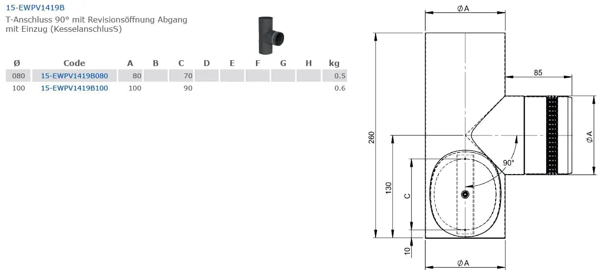 OfenrohrT-Anschluss 90° mit Revisionsöffnung, Abgang mit Einzug,(Geräteanschluss) Ø 80mm - Premium Ofenrohr von Jeremias - Kaufen Sie jetzt bei Mein Schornsteinprofi