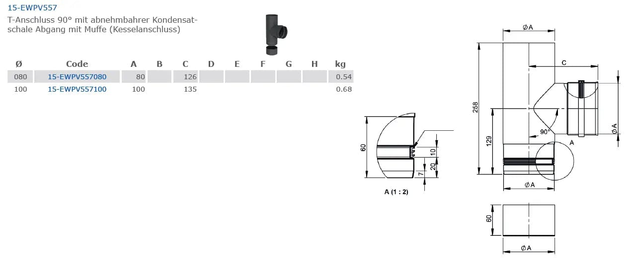 OfenrohrT-Anschluss 90° mit abnehmbarer Kondensatschale, Ø 100mm, Abgang mit Muffe (Geräteanschluss) - Premium Ofenrohr von Jeremias - Kaufen Sie jetzt bei Mein Schornsteinprofi