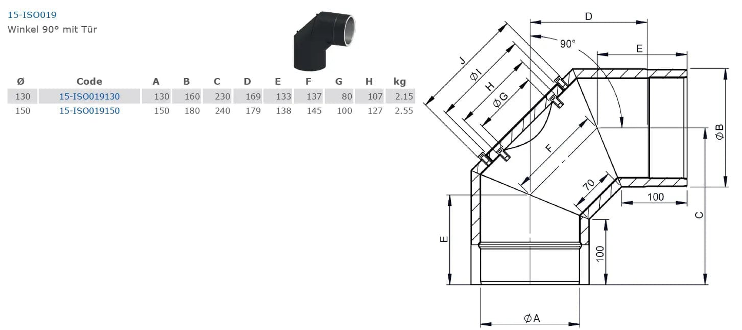 Ofenrohrdoppelwandiger Bogen 90°, Ø 150 mm mit Tür - Premium Ofenrohr von Jeremias - Kaufen Sie jetzt bei Mein Schornsteinprofi