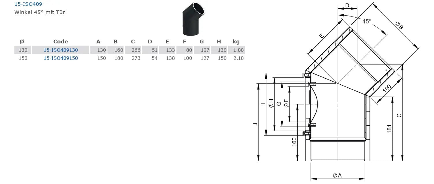 Ofenrohrdoppelwandiger Bogen 45°, Ø 150 mm mit Tür - Premium Ofenrohr von Jeremias - Kaufen Sie jetzt bei Mein Schornsteinprofi