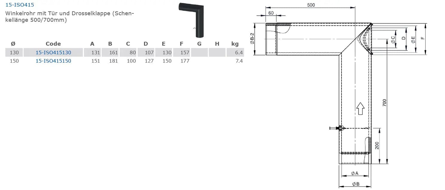 Ofenrohrdoppelwandiges Bogen-Set, Ø 150 mm mit Tür und Drosselklappe (Schenkellänge 500/700 mm), Wetterkragen und Wandfutter - Premium Ofenrohr von Jeremias - Kaufen Sie jetzt bei Mein Schornsteinprofi
