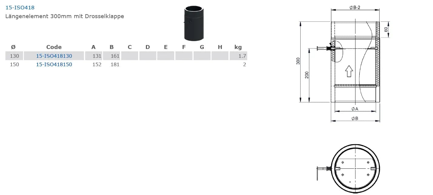 Ofenrohrdoppelwandiges Längenelement 300mm mit Drosselklappe, Ø 130 mm - Premium Ofenrohr von Jeremias - Kaufen Sie jetzt bei Mein Schornsteinprofi