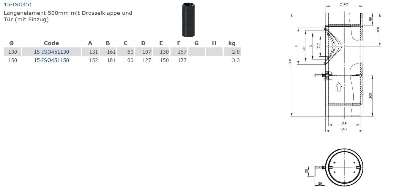 Ofenrohrdoppelwandiges Längenelement 500mm mit Drosselklappe und Tür (mit Einzug), Ø 130 mm - Premium Ofenrohr von Jeremias - Kaufen Sie jetzt bei Mein Schornsteinprofi