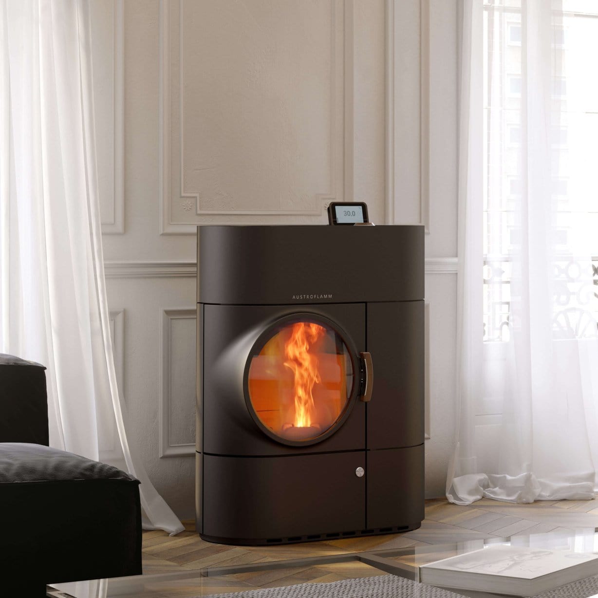 Innenansicht Brennraum Austroflamm Clou Duo mit Holz und Pellets