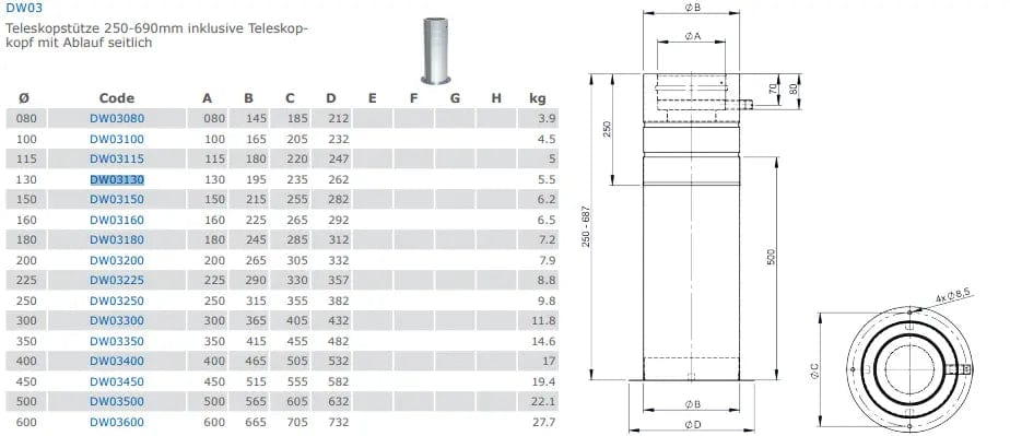EdelstahlschornsteinStützfuss / Teleskopstütze250-690mm inkl. Ablauf seitlich - Premium Edelstahlschornstein von Jeremias - Kaufen Sie jetzt bei Mein Schornsteinprofi