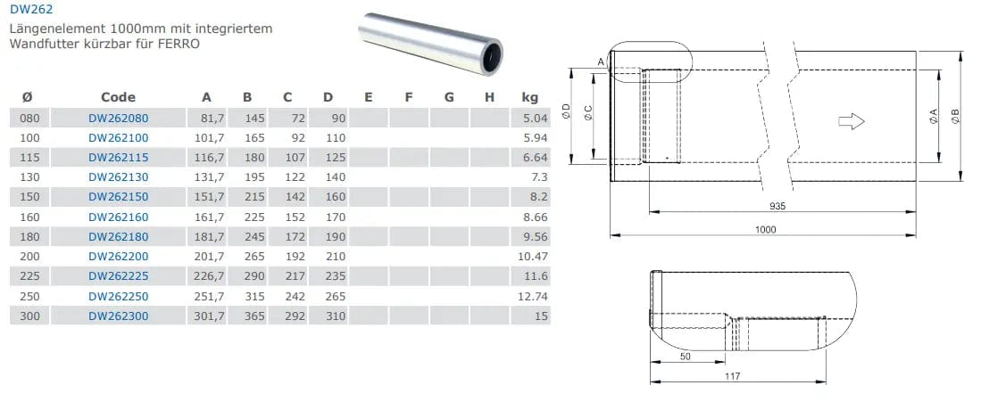 EdelstahlschornsteinLängenelement 1000mm mit integriertem Wandfutter kürzbar für FERRO - Premium Edelstahlschornstein von Jeremias - Kaufen Sie jetzt bei Mein Schornsteinprofi