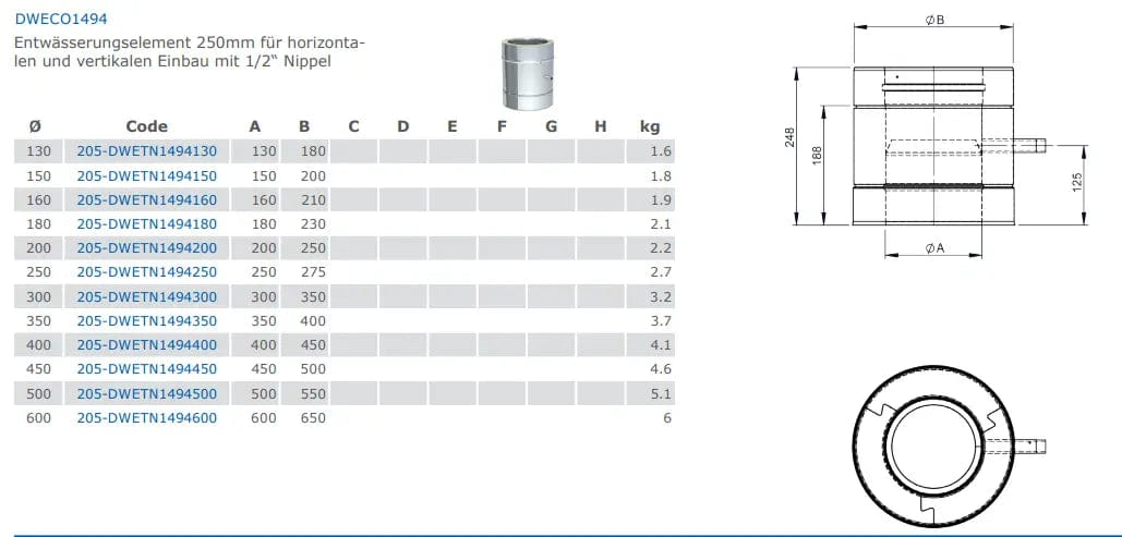 EdelstahlschornsteinEntwässerungselement 250mm für horizontalen und vertikalen Einbau mit 1/2“ Nippel - Premium Edelstahlschornstein von Jeremias - Kaufen Sie jetzt bei Mein Schornsteinprofi
