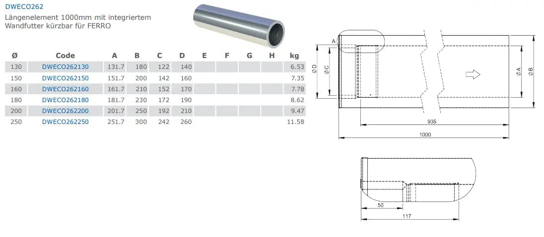 EdelstahlschornsteinWanddurchführung 1000mm mit integriertem Wandfutter kürzbar für 2mm Produkte (FERRO) - Premium Edelstahlschornstein von Jeremias - Kaufen Sie jetzt bei Mein Schornsteinprofi