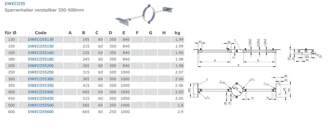 EdelstahlschornsteinSparrenhalter verstellbar 500-900mm - Premium Edelstahlschornstein von Jeremias - Kaufen Sie jetzt bei Mein Schornsteinprofi