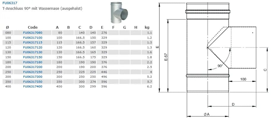 EdelstahlschornsteinT-Anschluss 90°mit Wassernase (ausgehalst) - Premium Edelstahlschornstein von Jeremias - Kaufen Sie jetzt bei Mein Schornsteinprofi