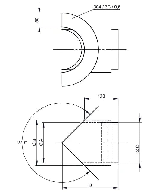 OfenrohrEckwandfutter 270°mit Blende lose, Ecke außen, Ø 120mm, Stahl, unlackiert - Premium Ofenrohr von Jeremias - Kaufen Sie jetzt bei Mein Schornsteinprofi