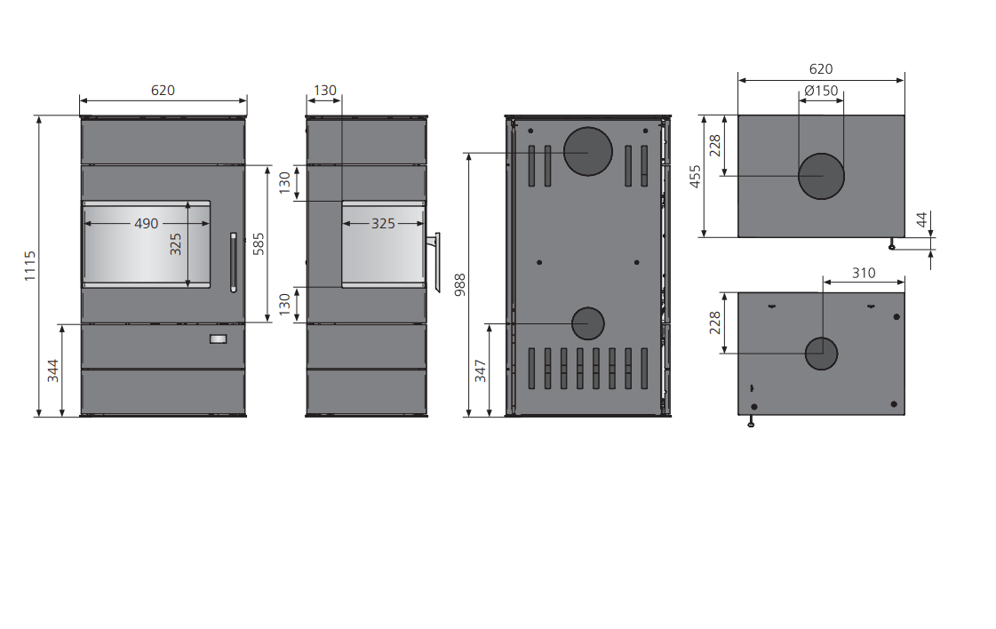 Maßzeichnung Justus Voga Kaminofen mit Abmessungen 1115 x 620 x 455 mm, Rauchrohranschluss Ø 150 mm und Sicherheitsabständen