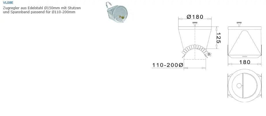 EdelstahlschornsteinZugregler aus Edelstahl Ø150mm mit Stutzen und Spannband, passend für Ø110-200mm - Premium Edelstahlschornstein von Jeremias - Kaufen Sie jetzt bei Mein Schornsteinprofi