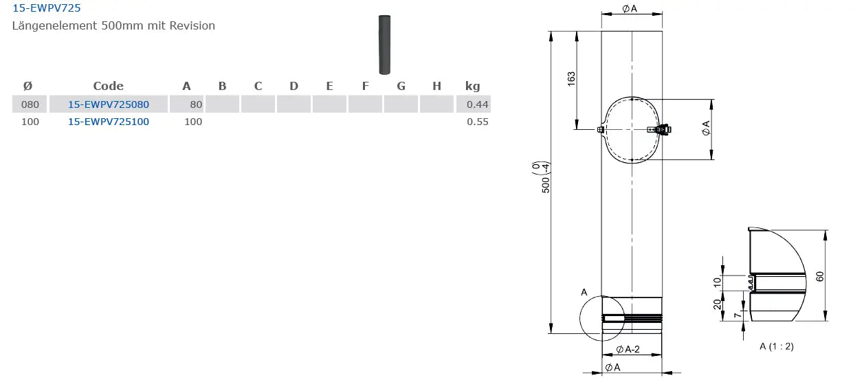 OfenrohrOfenrohr, Rohr, Längenelement 500mm mit Revision, Ø 80mm - Premium Ofenrohr von Jeremias - Kaufen Sie jetzt bei Mein Schornsteinprofi