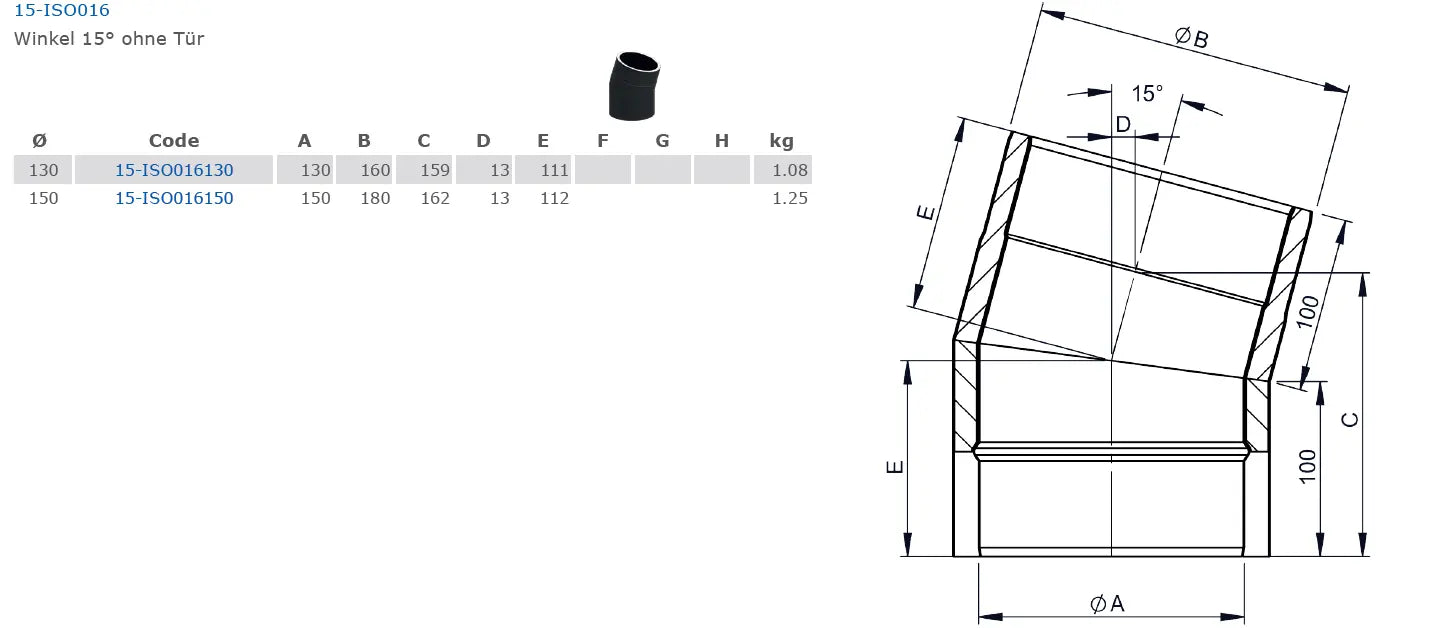 Ofenrohrdoppelwandiger Bogen 15°, Ø 130 mm ohne Tür - Premium Ofenrohr von Jeremias - Kaufen Sie jetzt bei Mein Schornsteinprofi