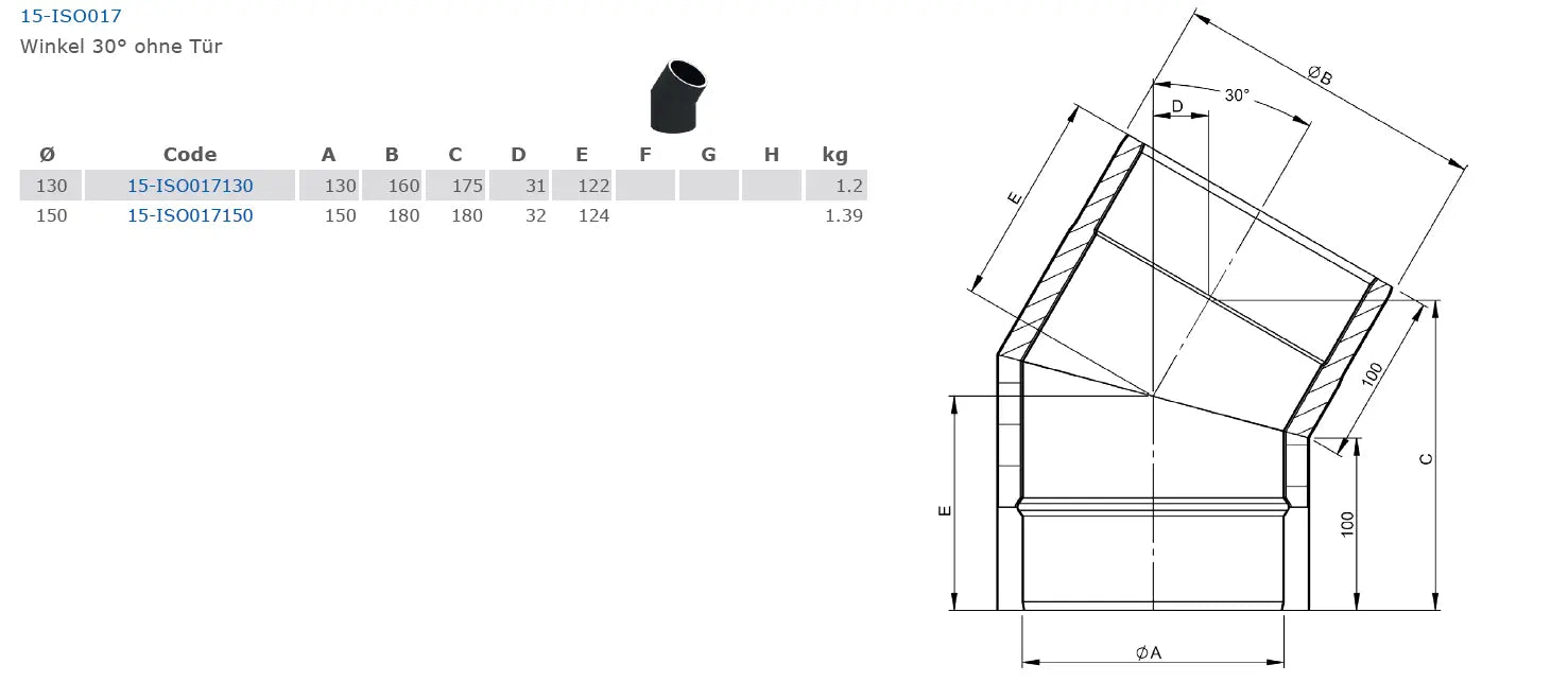 Ofenrohrdoppelwandiger Bogen 30°, Ø 150 mm ohne Tür - Premium Ofenrohr von Jeremias - Kaufen Sie jetzt bei Mein Schornsteinprofi