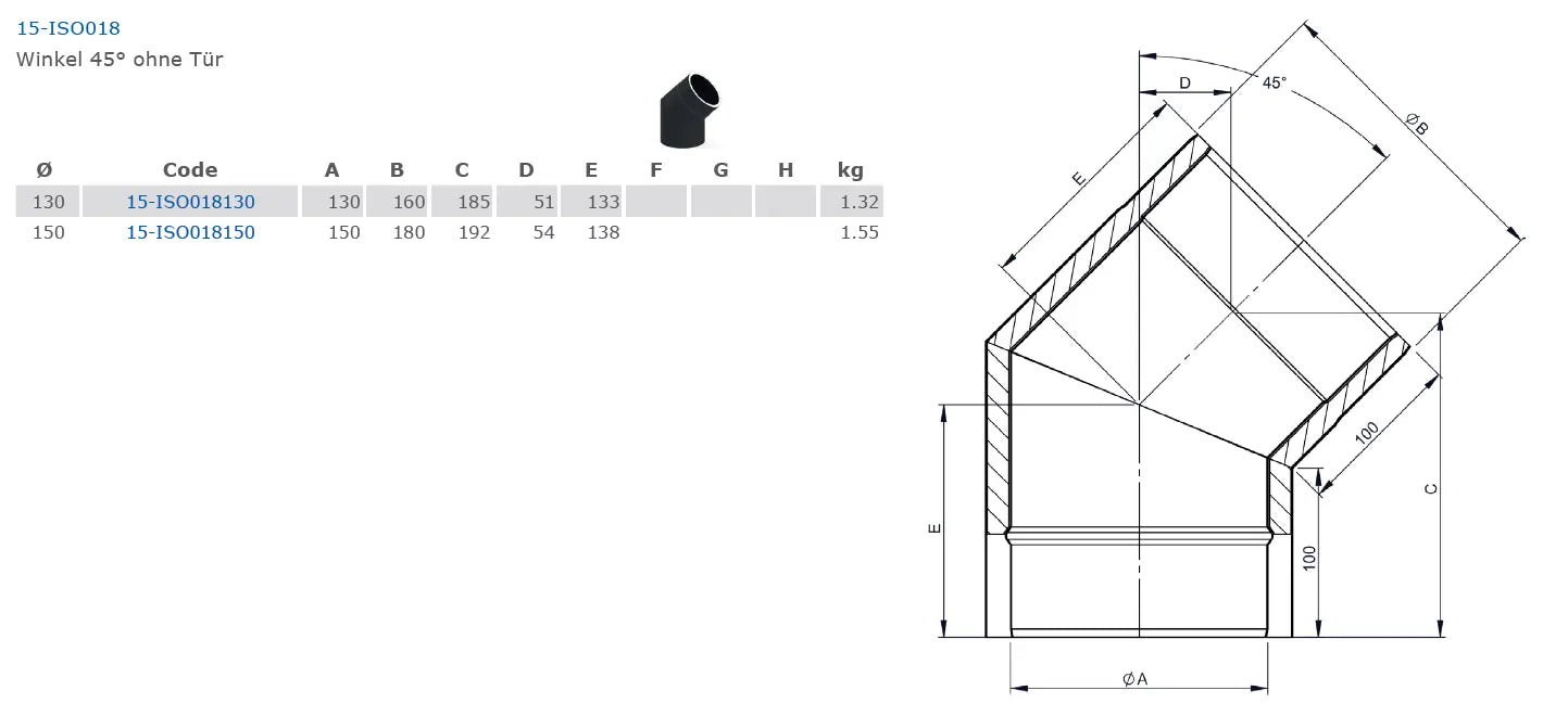 Ofenrohrdoppelwandiger Bogen 45°, Ø 130 mm ohne Tür - Premium Ofenrohr von Jeremias - Kaufen Sie jetzt bei Mein Schornsteinprofi