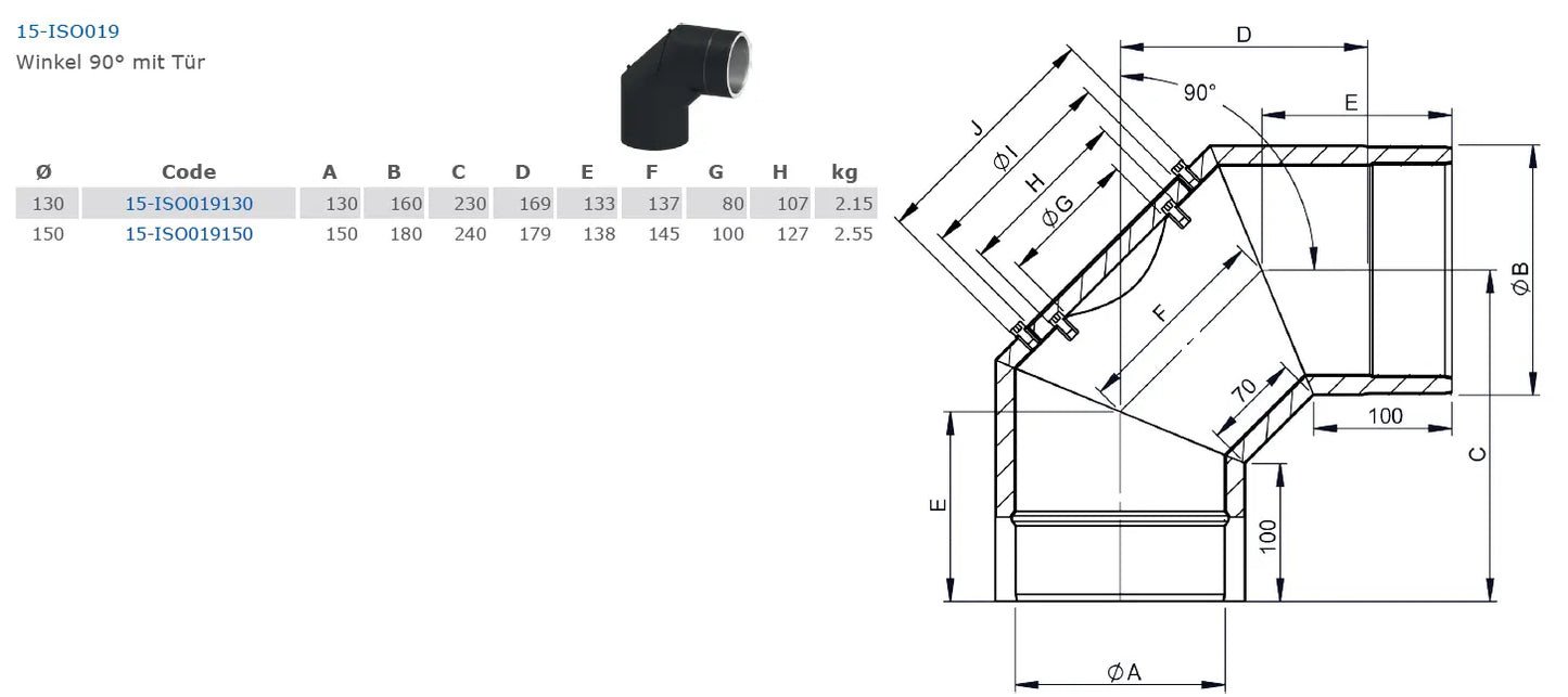 Ofenrohrdoppelwandiger Bogen 90°, Ø 130 mm mit Tür - Premium Ofenrohr von Jeremias - Kaufen Sie jetzt bei Mein Schornsteinprofi