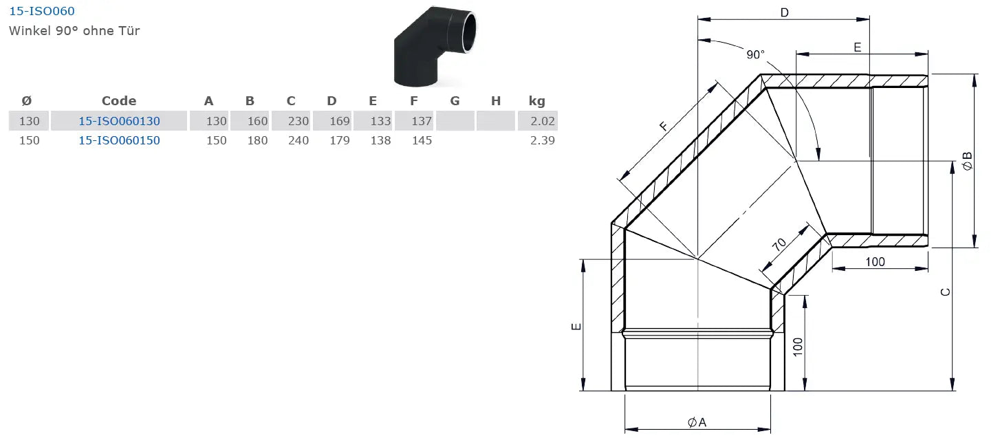 Ofenrohrdoppelwandiger Bogen 90°, Ø 150 mm ohne Tür - Premium Ofenrohr von Jeremias - Kaufen Sie jetzt bei Mein Schornsteinprofi