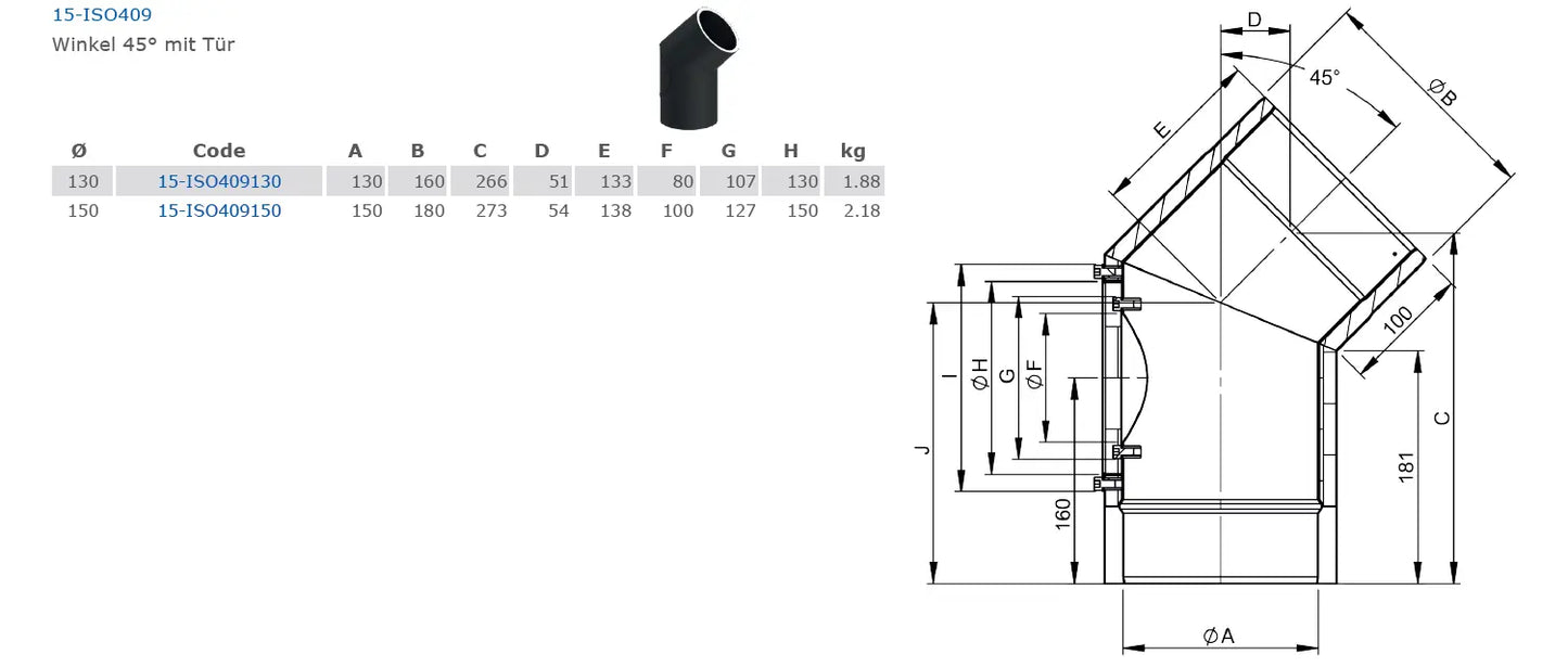 Ofenrohrdoppelwandiger Bogen 45°, Ø 130 mm mit Tür - Premium Ofenrohr von Jeremias - Kaufen Sie jetzt bei Mein Schornsteinprofi