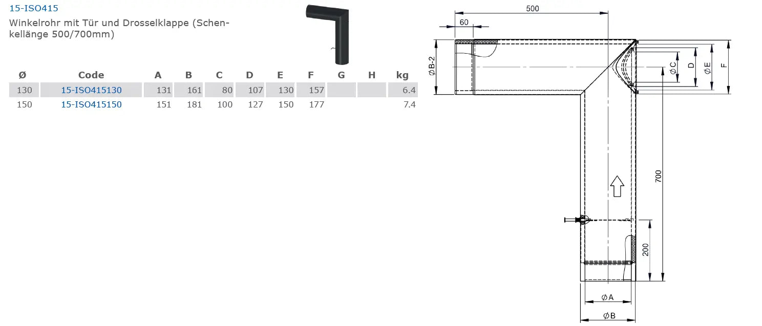 Ofenrohrdoppelwandiger Bogen, Ø 130 mm mit Tür und Drosselklappe (Schenkellänge 500/700 mm) - Premium Ofenrohr von Jeremias - Kaufen Sie jetzt bei Mein Schornsteinprofi