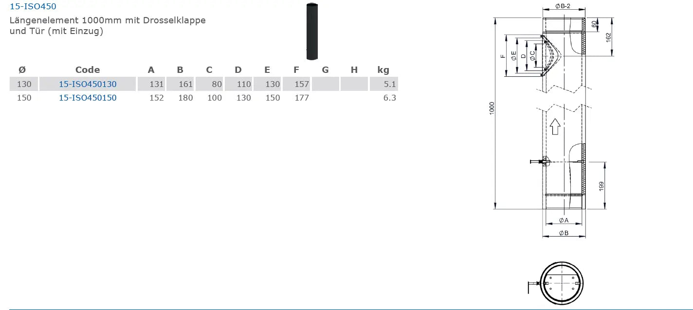 Ofenrohrdoppelwandiges Längenelement 1000mm mit Drosselklappe und Tür (mit Einzug), Ø 150 mm - Premium Ofenrohr von Jeremias - Kaufen Sie jetzt bei Mein Schornsteinprofi