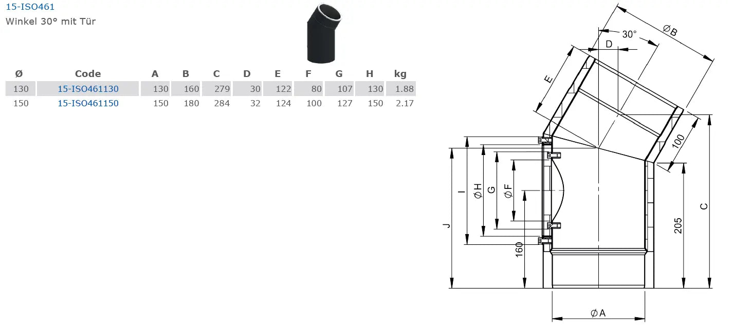 Ofenrohrdoppelwandiger Bogen 30°, Ø 130 mm mit Tür - Premium Ofenrohr von Jeremias - Kaufen Sie jetzt bei Mein Schornsteinprofi