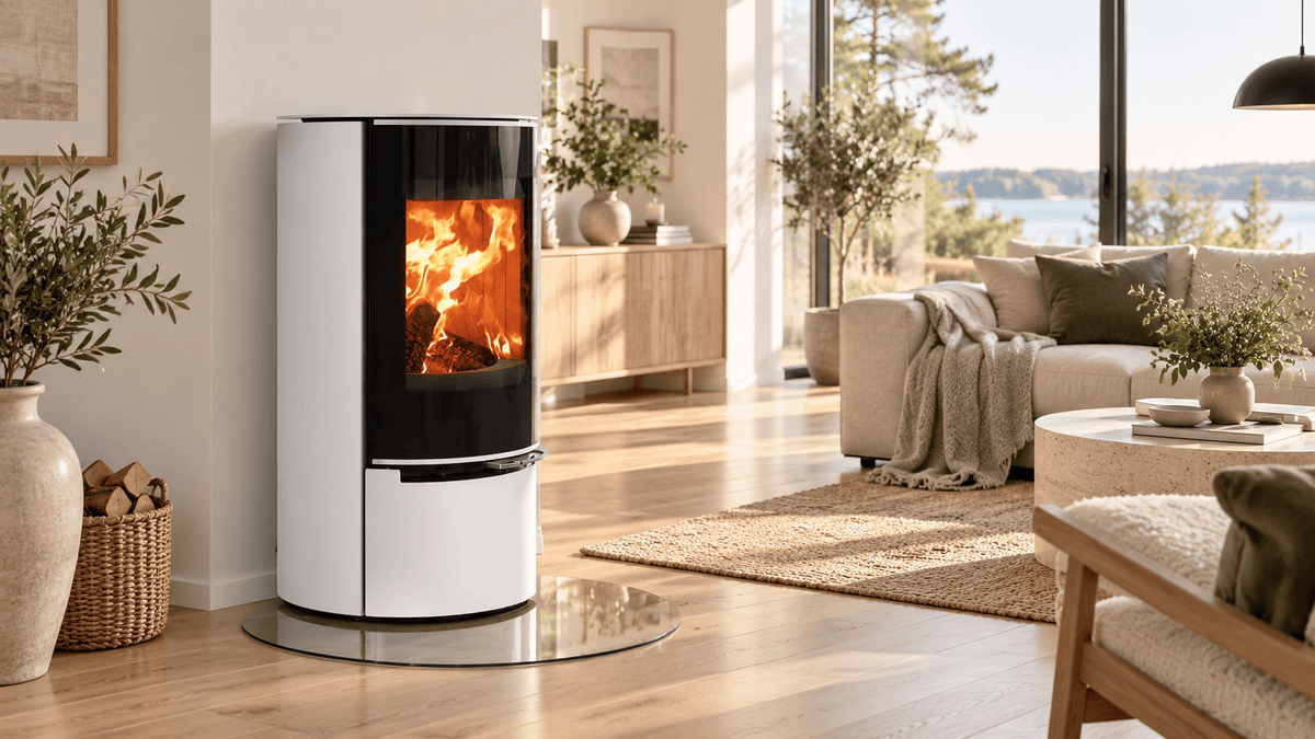 Aduro Kaminofen im hellen Wohnraum – moderner Holzofen im skandinavischen Design bei Mein Schornsteinprofi in Ronneburg bei Gera.