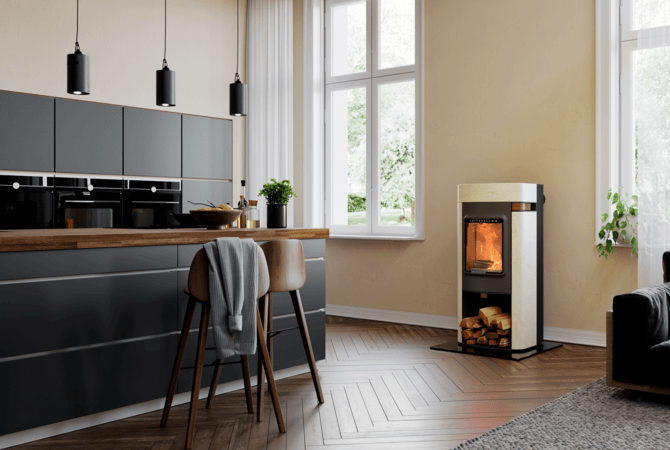 Austroflamm Elisabeth Kaminofen Velvet Ivory – heller Naturstein, moderne Raumgestaltung