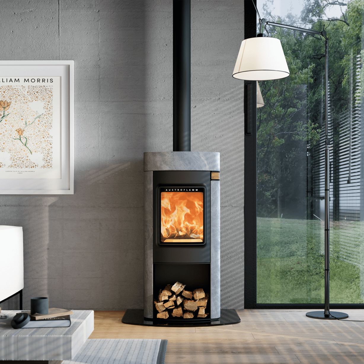 Austroflamm Elisabeth Kaminofen mit Speckstein Verkleidung – 7 kW, 1200 mm hoch, Holzlagerfach