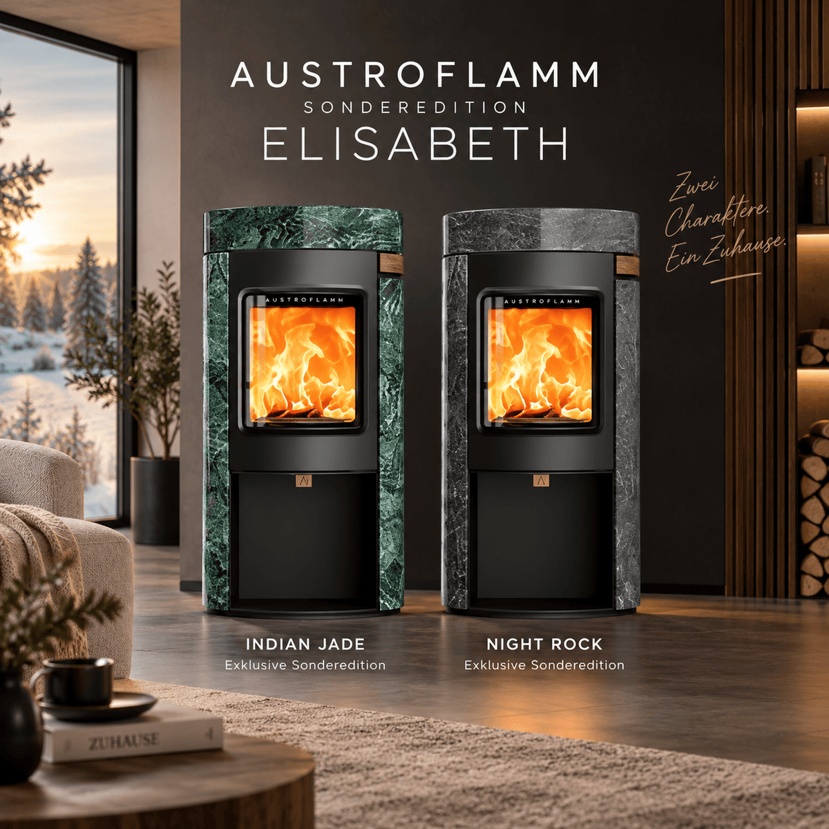Austroflamm Elisabeth Sonderedition Kaminöfen Indian Jade und Night Rock
