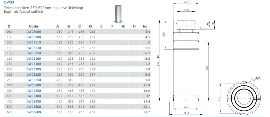 EdelstahlschornsteinTeleskopstütze, Stützfuß 250-690mm incl. Kondensatablauf - Premium Edelstahlschornstein von Jeremias - Kaufen Sie jetzt bei Mein Schornsteinprofi