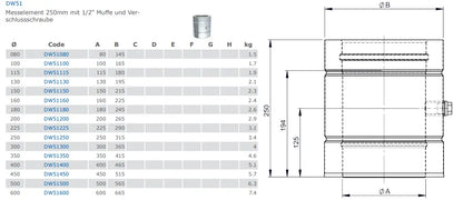 EdelstahlschornsteinMesselement 250mm mit 1/2" Muffe & Verschlussschraube - Premium Edelstahlschornstein von Jeremias - Kaufen Sie jetzt bei Mein Schornsteinprofi