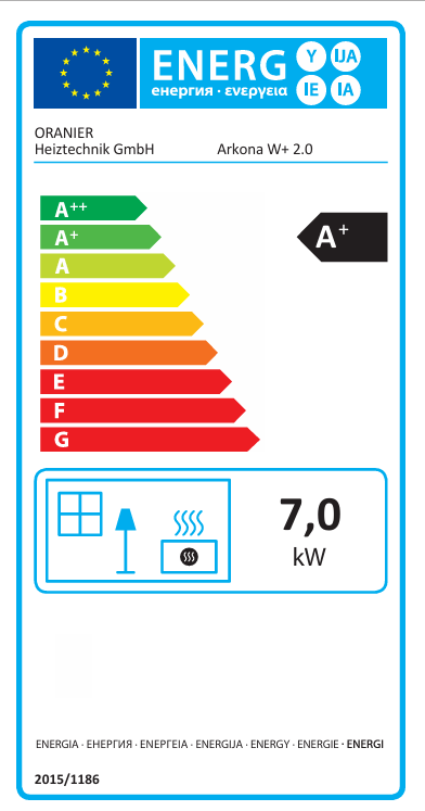 Energielabel Oranier Kaminofen Arkona W+ 2.0 mit Energieeffizienzklasse A+