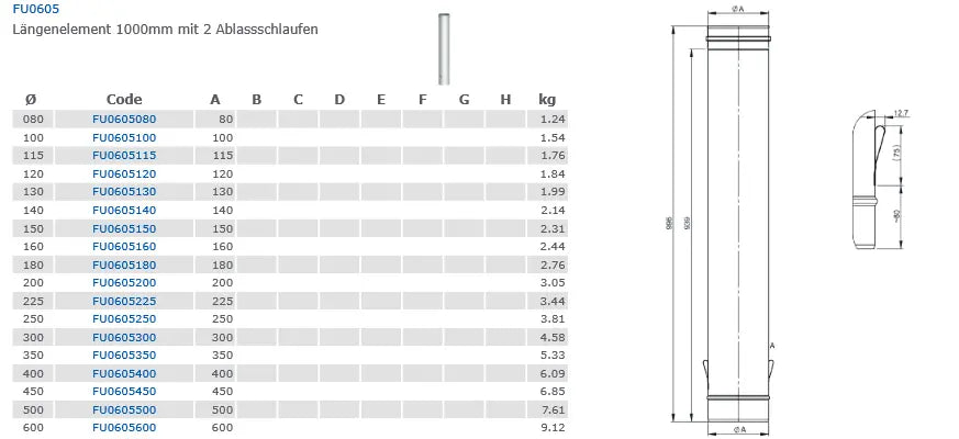 EdelstahlschornsteinLängenelement 1000mm mit 2 Ablaßschlaufen - Premium Edelstahlschornstein von Jeremias - Kaufen Sie jetzt bei Mein Schornsteinprofi