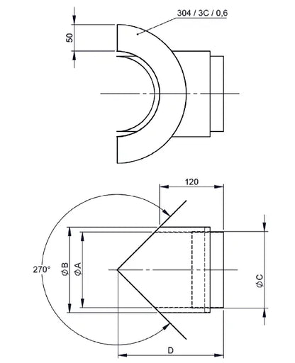 OfenrohrEckwandfutter 270°mit Blende lose, Ecke außen, Ø 120mm, Stahl, unlackiert - Premium Ofenrohr von Jeremias - Kaufen Sie jetzt bei Mein Schornsteinprofi