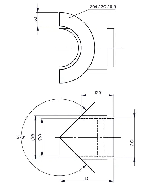 OfenrohrEckwandfutter 270°mit Blende lose, Ecke außen, Ø 160mm, Stahl, unlackiert - Premium Ofenrohr von Jeremias - Kaufen Sie jetzt bei Mein Schornsteinprofi