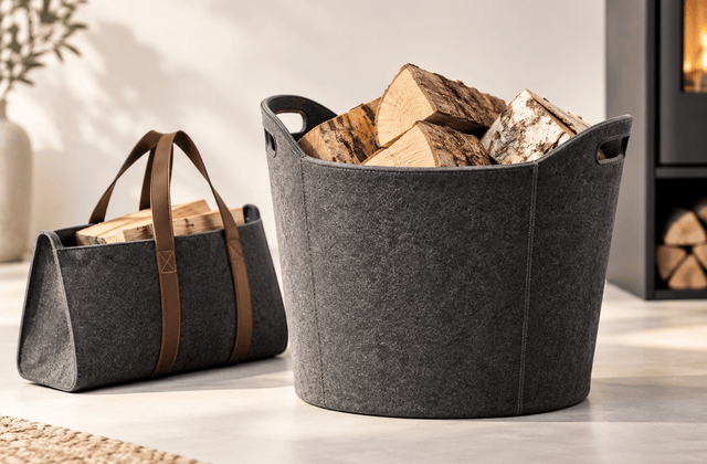 Holzkörbe und Holztaschen zur Brennholzlagerung