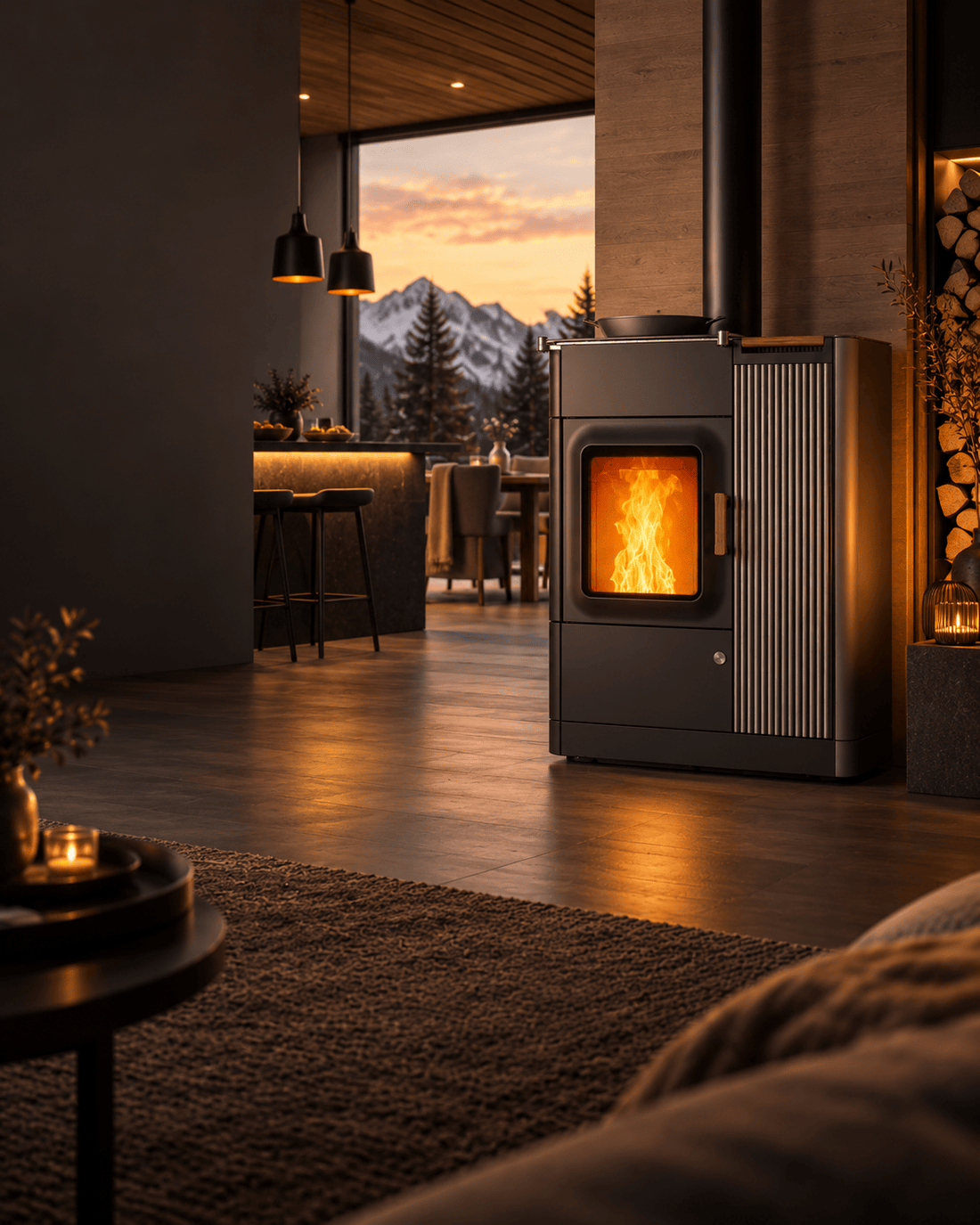 Hybrid-Pelletofen im eleganten Wohnraum – Holz und Pellets flexibel heizen, hochwertige Hybridöfen kaufen bei Mein Schornsteinprofi aus Ronneburg.