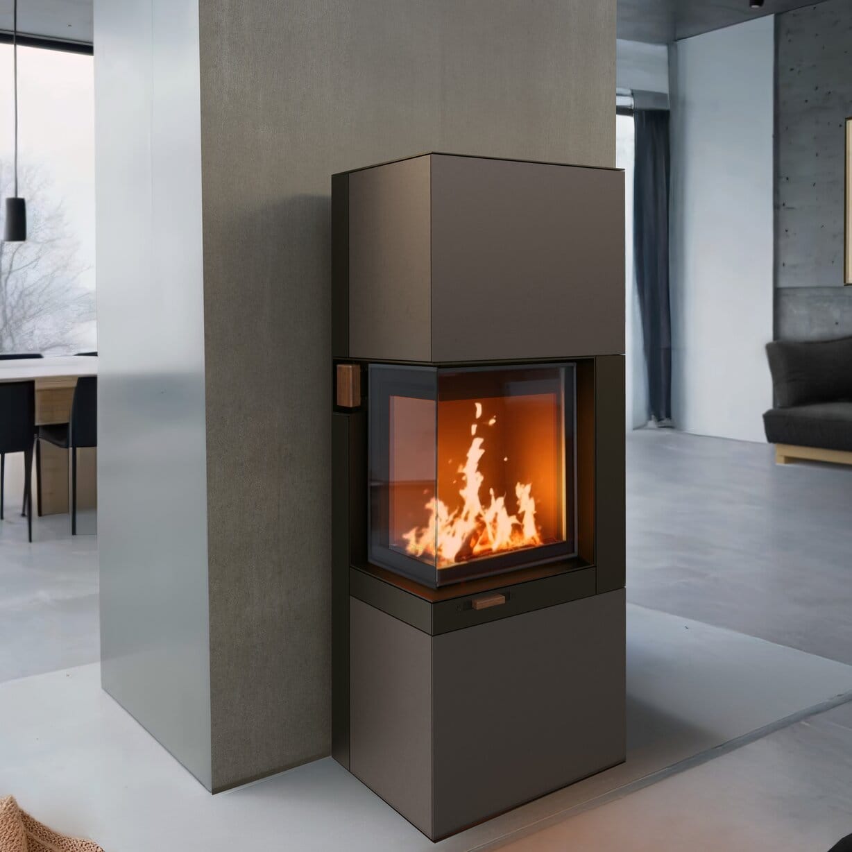 Austroflamm Kamiba 59 K2 Eck-Kaminofen mit 7 kW Heizleistung, moderner Eckverglasung, großer Sichtscheibe und optionalem Heat Memory System für effizientes Heizen mit Holz.
