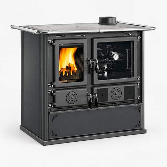 La Nordica ROSA.16 STEEL Holzherd mit 8,8 kW, 40,6-Liter-Backofen und Kochfläche, hier in Anthrazit.