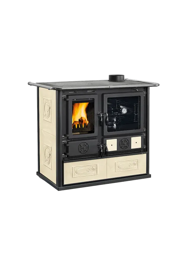 La Nordica Rosa.16 Ceramica Liberty Panna – Holzherd mit cremefarbener Keramikverkleidung, Backofen und Gusskochplatte