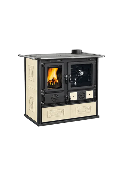 La Nordica Rosa.16 Ceramica Liberty Panna – Holzherd mit cremefarbener Keramikverkleidung, Backofen und Gusskochplatte