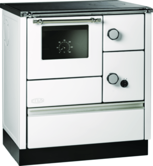 Lohberger Cook 75 Herd ARA links – weißer Festbrennstoffherd mit seitlichem Rauchrohranschluss Ø120 mm