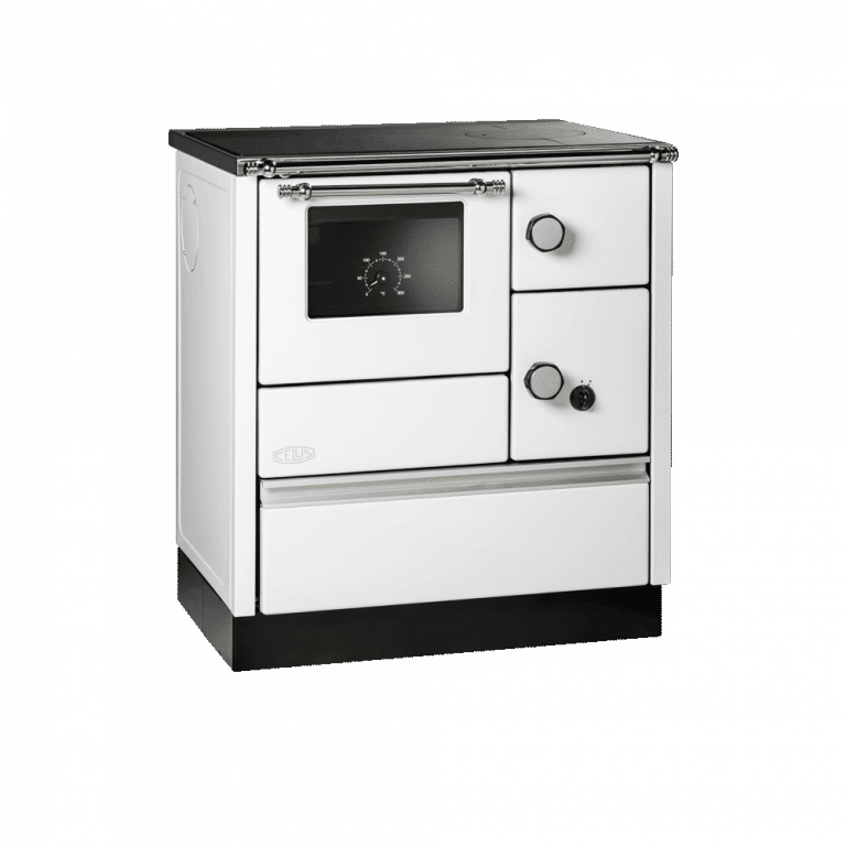 Lohberger Cook 75 Holzherd in Weiß mit Backrohr und verchromter Herdstange – A+ Festbrennstoffherd 6 kW