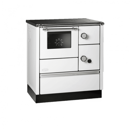 Lohberger Cook 75 Holzherd in Weiß mit Backrohr und verchromter Herdstange – A+ Festbrennstoffherd 6 kW