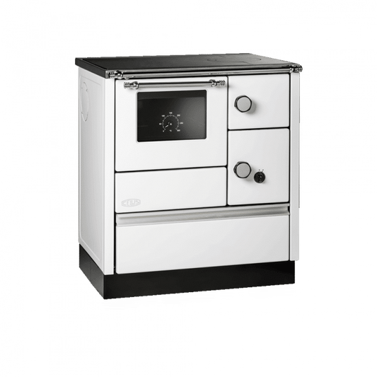 Lohberger Cook 75 Holzherd in Weiß mit Backrohr und verchromter Herdstange – A+ Festbrennstoffherd 6 kW