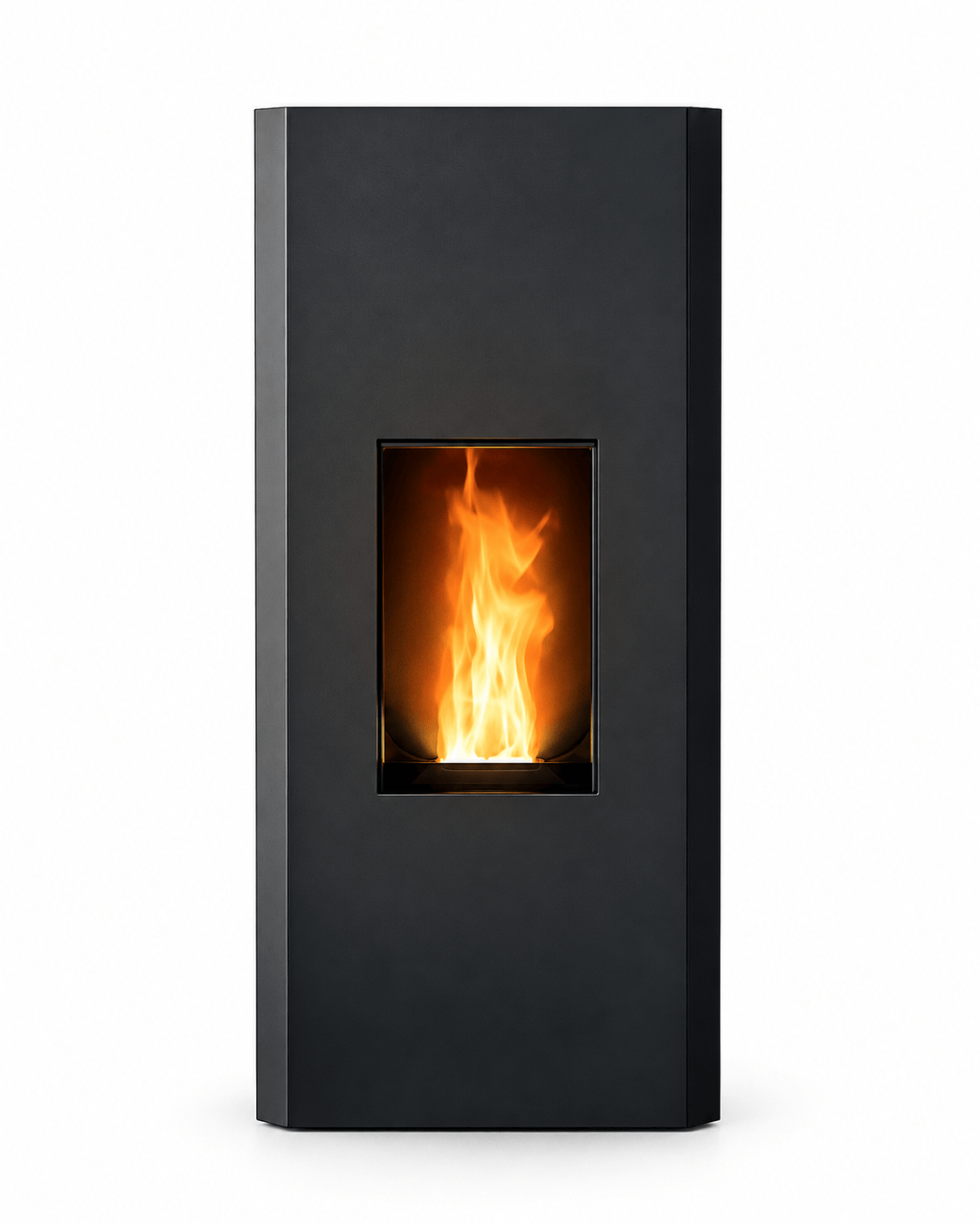 MCZ MAKO Pelletofen in Schwarz mit moderner, geradliniger Front und sichtbarem Flammenbild.