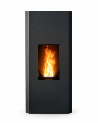 MCZ MAKO Pelletofen in Schwarz mit moderner, geradliniger Front und sichtbarem Flammenbild.